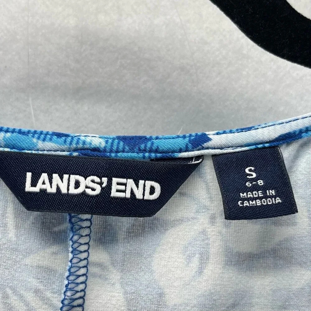 Lands End Dress S 6-8 Floral Check Short Sleeve A-Line Stretch Cotton Modal Blue - Picture 8 of 12